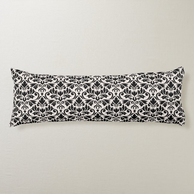 Flourish Damask Pattern Black on Cream Body Pillow (Front)