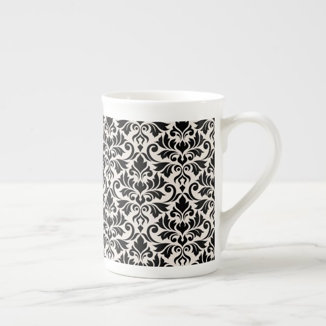 Flourish Damask Pattern Black on Cream Bone China Mug (Right)