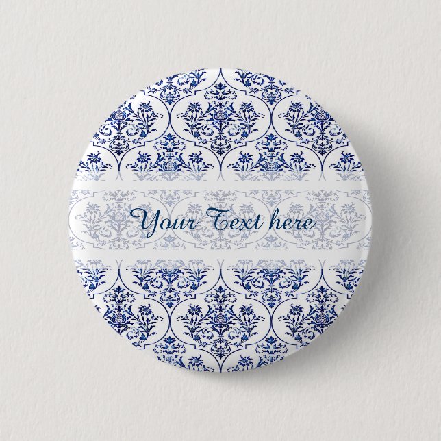 Flourish Damask Pattern - blue Pinback Button (Front)