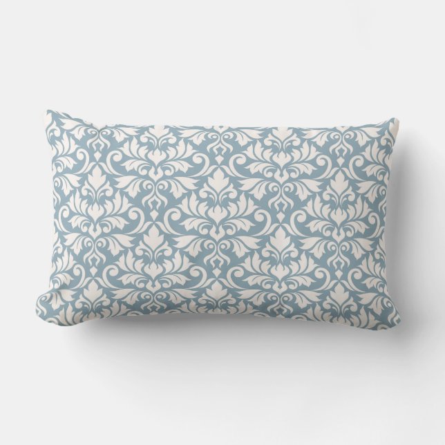 Flourish Damask Pattern Cream on Blue Lumbar Pillow (Front)