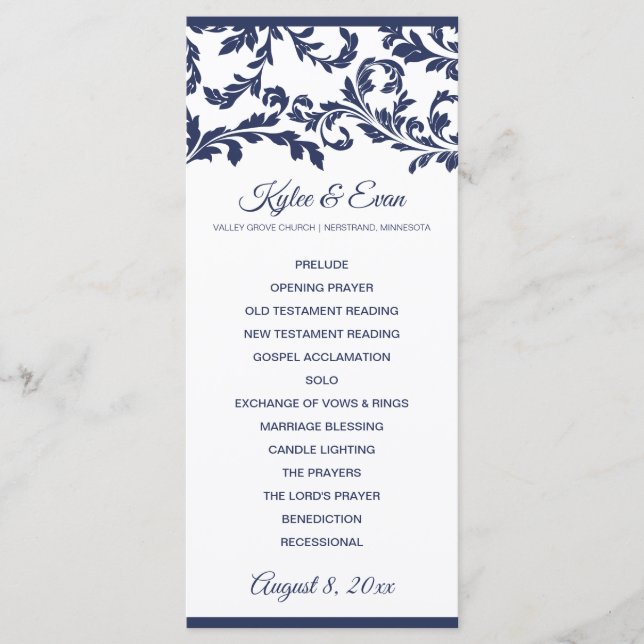 Flourish Elegant Wedding Program | Navy Blue (Front)