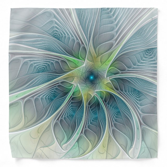 Flourish Fantasy Modern Blue Green Fractal Flower Bandana (Front)