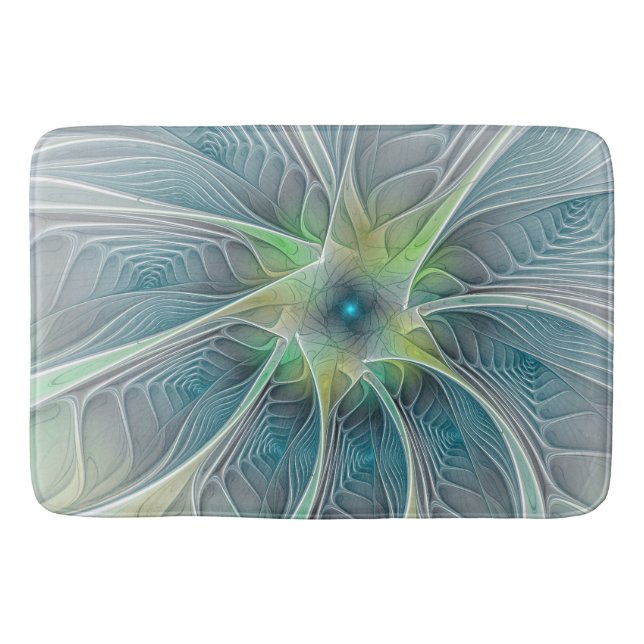 Flourish Fantasy Modern Blue Green Fractal Flower Bath Mat (Front)