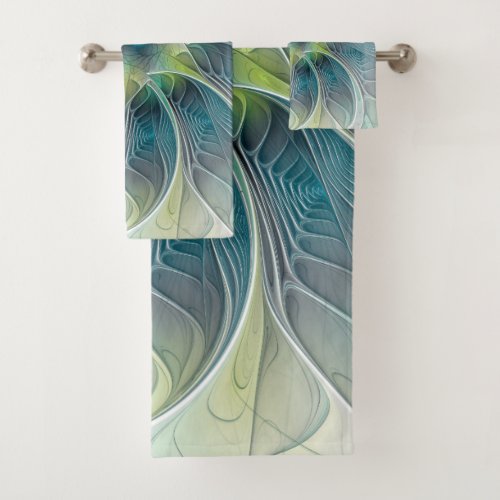 Flourish Fantasy Modern Blue Green Fractal Flower Bath Towel Set