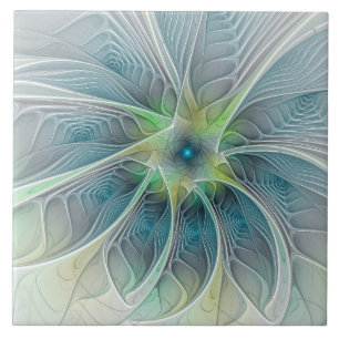Flourish Fantasy Modern Blue Green Fractal Flower Ceramic Tile
