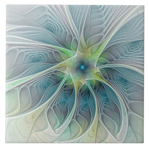 Flourish Fantasy Modern Blue Green Fractal Flower Ceramic Tile