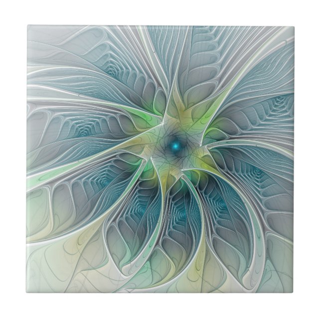 Flourish Fantasy Modern Blue Green Fractal Flower Ceramic Tile (Front)