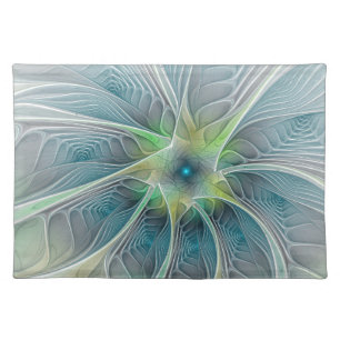Flourish Fantasy Modern Blue Green Fractal Flower Cloth Placemat