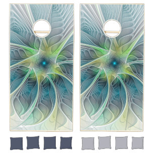 Flourish Fantasy Modern Blue Green Fractal Flower Cornhole Set