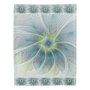 Flourish Fantasy Modern Blue Green Fractal Flower Duvet Cover