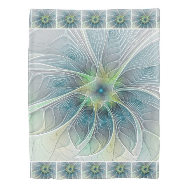 Flourish Fantasy Modern Blue Green Fractal Flower Duvet Cover (Front)