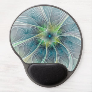 Flourish Fantasy Modern Blue Green Fractal Flower Gel Mouse Pad