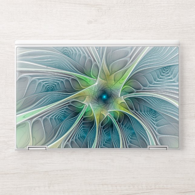Flourish Fantasy Modern Blue Green Fractal Flower HP Laptop Skin (Front)