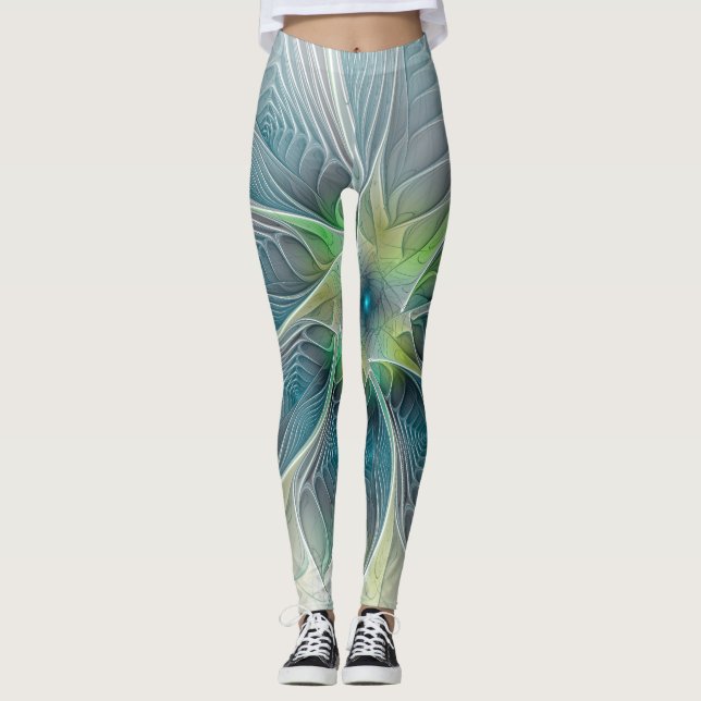 Flourish Fantasy Modern Blue Green Fractal Flower Leggings (Front)