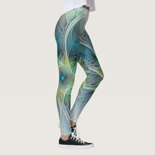 Flourish Fantasy Modern Blue Green Fractal Flower Leggings