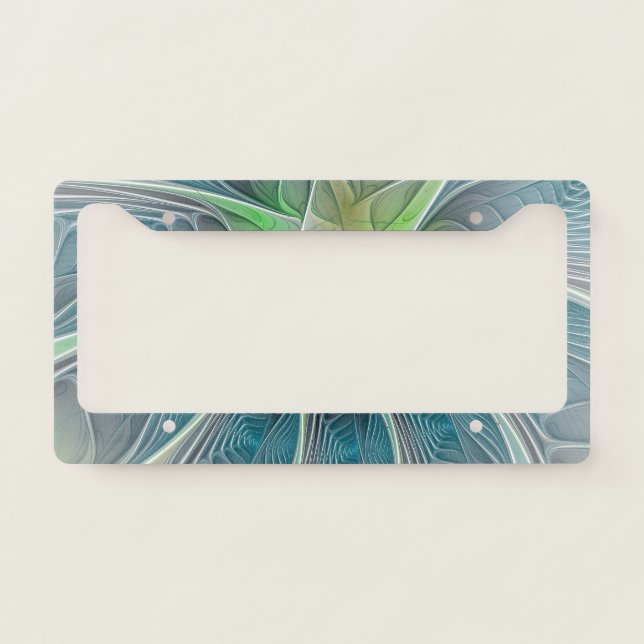 Flourish Fantasy Modern Blue Green Fractal Flower License Plate Frame (Front)