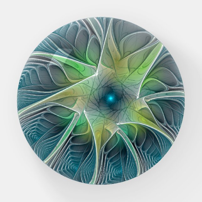 Flourish Fantasy Modern Blue Green Fractal Flower Paperweight (Front)