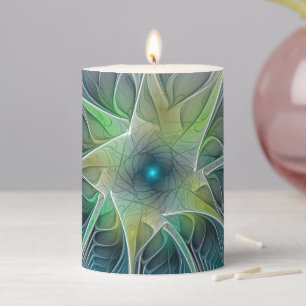Flourish Fantasy Modern Blue Green Fractal Flower Pillar Candle