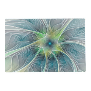 Flourish Fantasy Modern Blue Green Fractal Flower Placemat