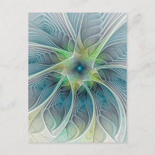Flourish Fantasy Modern Blue Green Fractal Flower Postcard