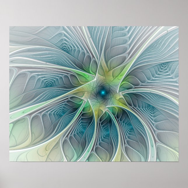 Flourish Fantasy Modern Blue Green Fractal Flower Poster (Front)