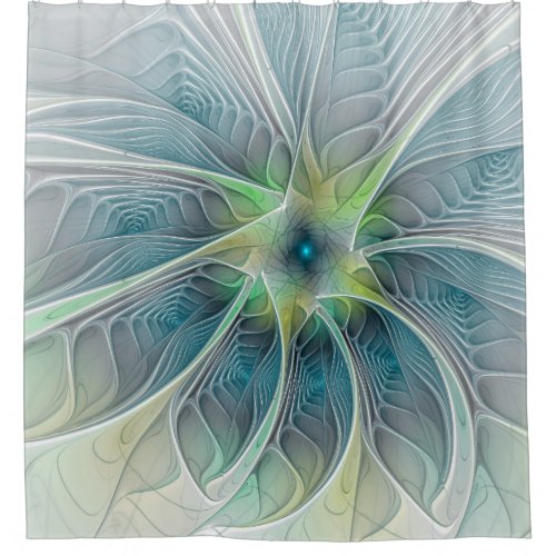 Flourish Fantasy Modern Blue Green Fractal Flower Shower Curtain