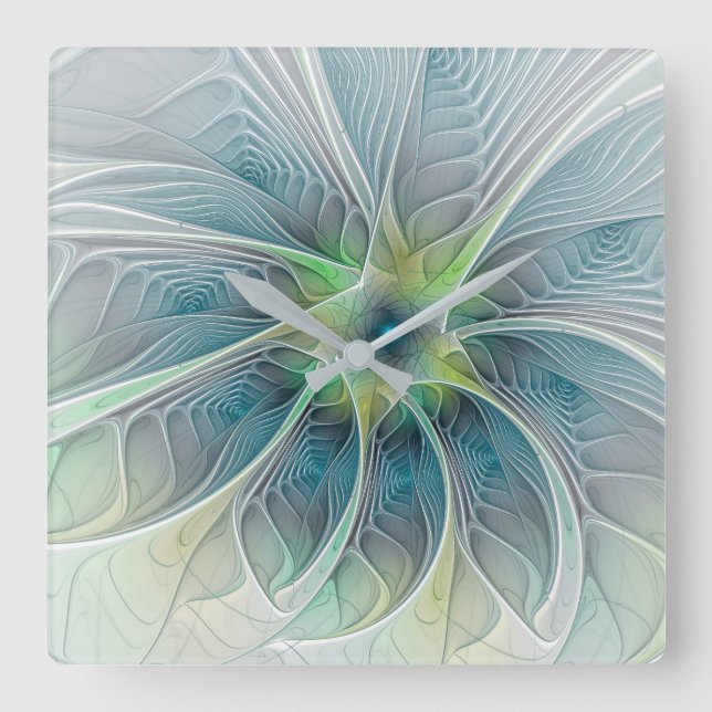 Flourish Fantasy Modern Blue Green Fractal Flower Square Wall Clock (Front)