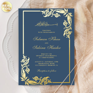 Flourish Floral Border Blue Islamic Wedding Gold Foil Invitation