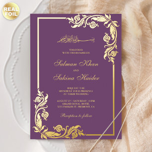 Flourish Floral Border Purple Islamic Wedding Gold Foil Invitation