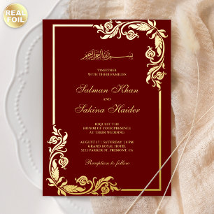 Flourish Floral Border Red Islamic Wedding Gold Foil Invitation