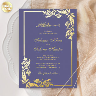 Flourish Floral Border Violet Islamic Wedding Gold Foil Invitation