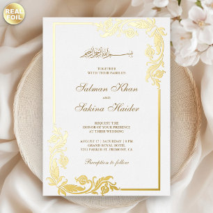 Flourish Floral Border White Islamic Wedding Gold Foil Invitation