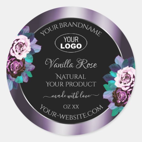 Flourish Floral Purple Black Product Labels Logo