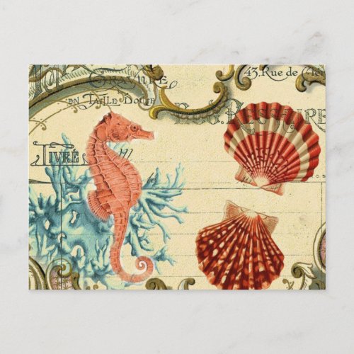 flourish french modern vintage seashell seahorse postcard