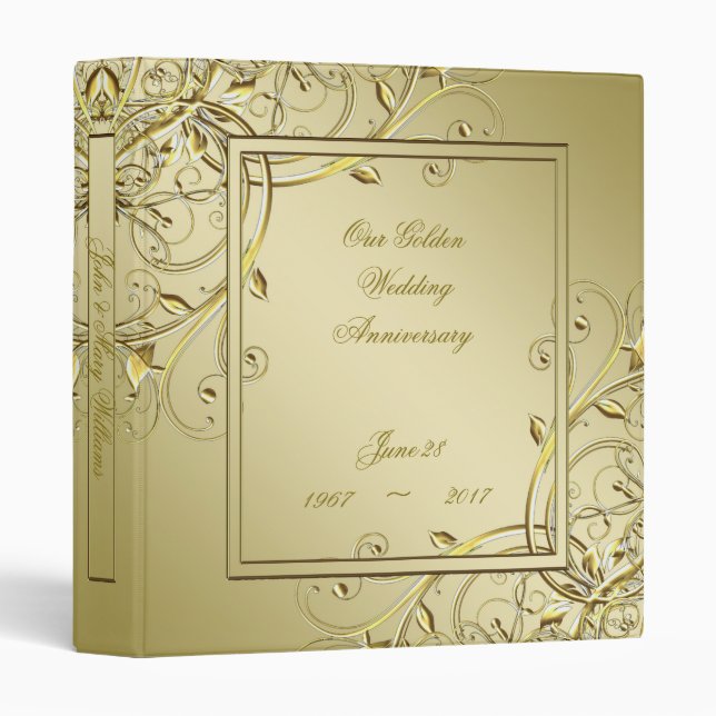 Flourish Gold 50th Wedding Anniversary 3 Ring Binder (Front/Spine)