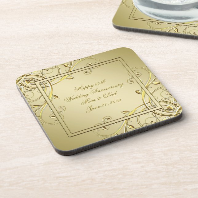 Flourish Gold 50th Wedding Anniversary Beverage Coaster (Left Side)