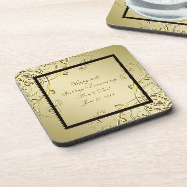 Flourish Gold 50th Wedding Anniversary Beverage Coaster (Left Side)