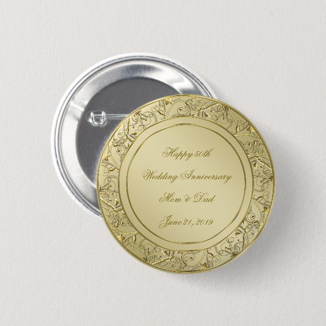 Flourish Gold 50th Wedding Anniversary Button (Front & Back)