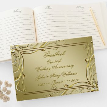 Flourish Gold 50th Wedding Anniversary Guest Book by Digitalbcon at Zazzle