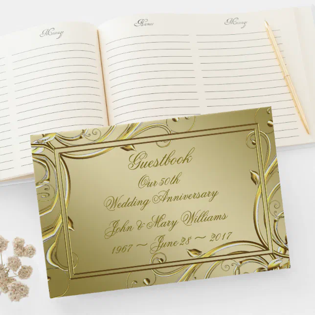 Flourish Gold 50th Wedding Anniversary Guest Book | Zazzle