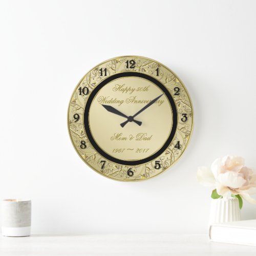 Flourish Gold 50th Wedding Anniversary Large Clock
