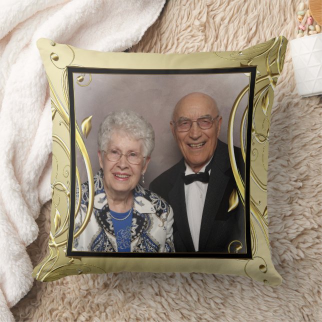 Flourish Gold 50th Wedding Anniversary Photo Throw Pillow (Blanket)