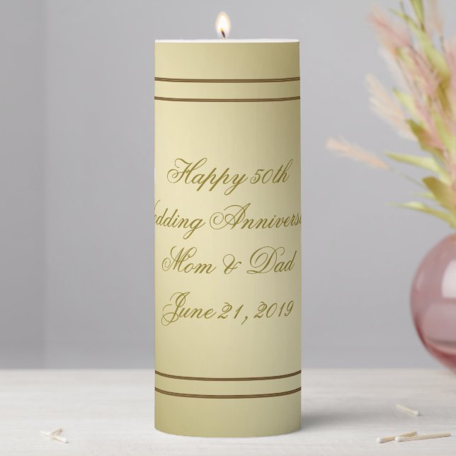 Flourish Gold 50th Wedding Anniversary Pillar Candle (In Situ)