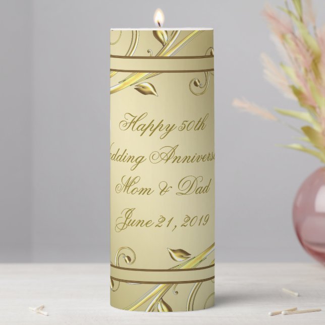Flourish Gold 50th Wedding Anniversary Pillar Candle (In Situ)
