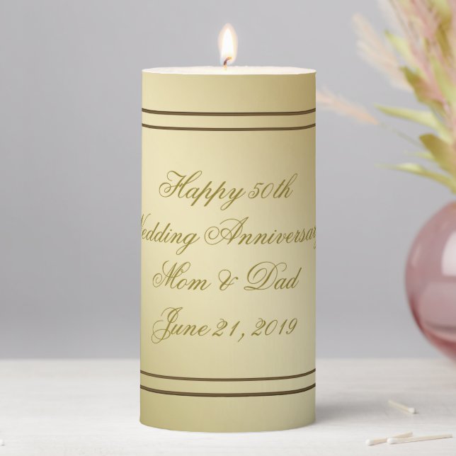 Flourish Gold 50th Wedding Anniversary Pillar Candle (In Situ)