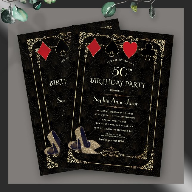 Flourish Gold Art Deco Casino Vegas Poker Birthday Invitation (glam Art Deco birthday invitation, roaring 20s birthday invite, 50th birthday great Gatsby invite)