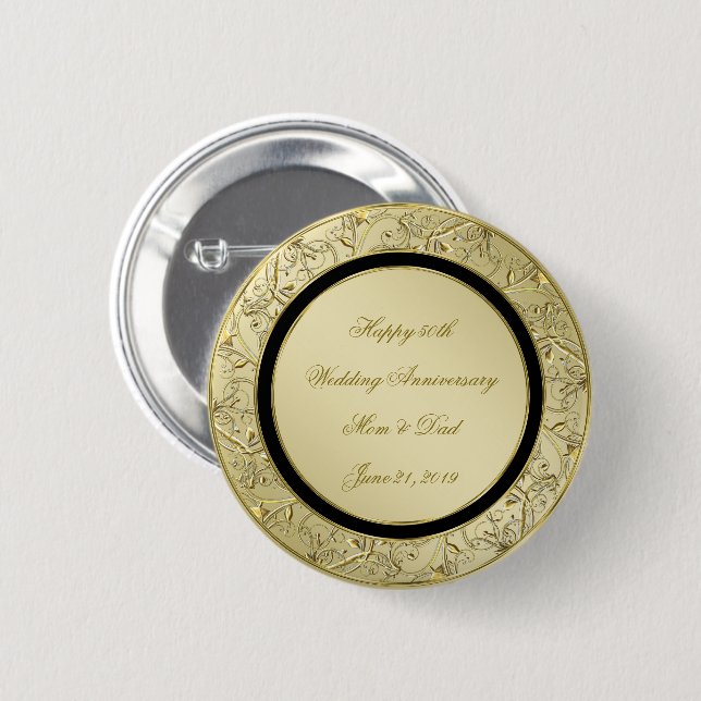 Flourish Gold Black 50th Wedding Anniversary Button (Front & Back)