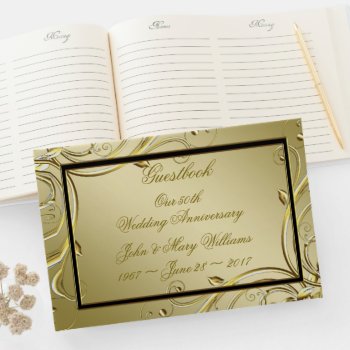 Flourish Gold Black 50th Wedding Anniversary Guest Book by Digitalbcon at Zazzle