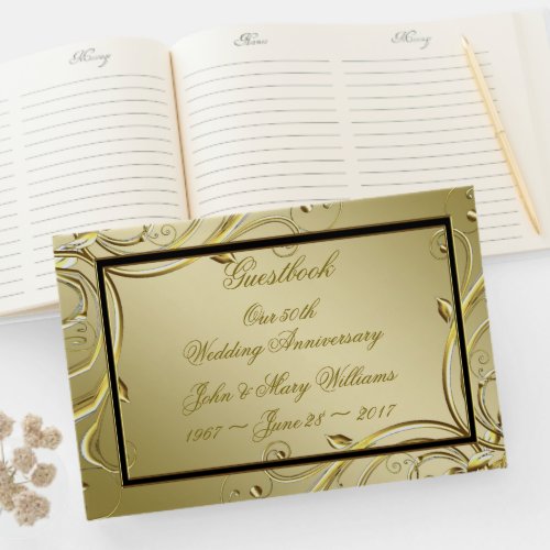 Flourish Gold Black 50th Wedding Anniversary Guest Book