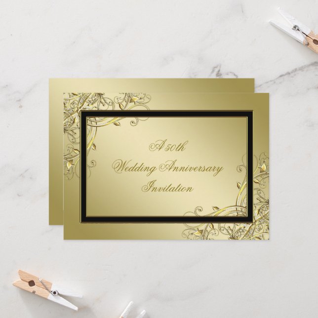 Flourish Gold Black 50th Wedding Anniversary Invitation (Front/Back In Situ)